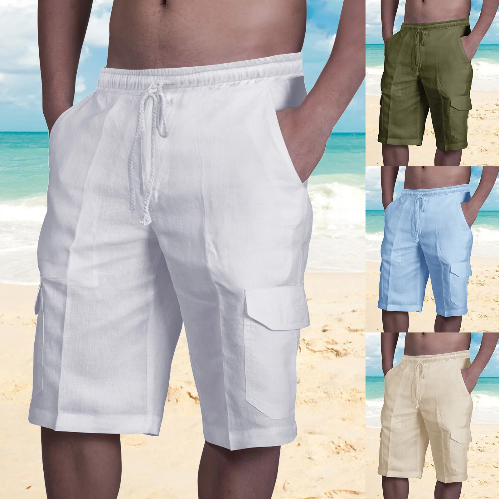 

New Men's Linen Shorts with Multiple Pockets Beach Workwear Trousers Waist Cord Fastening Cotton Pure Color Slim Fit