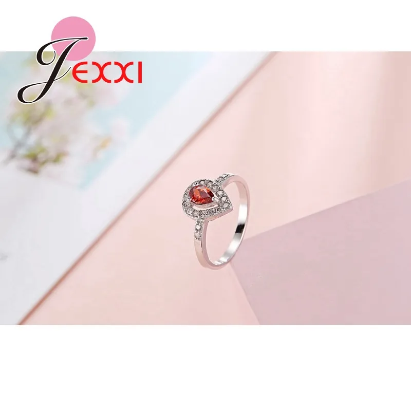925 Sterling Silver Ring Luxurious Romantic Warm Style Droplet Shape Ornament Fire Red Crystal Stone For Women Wife