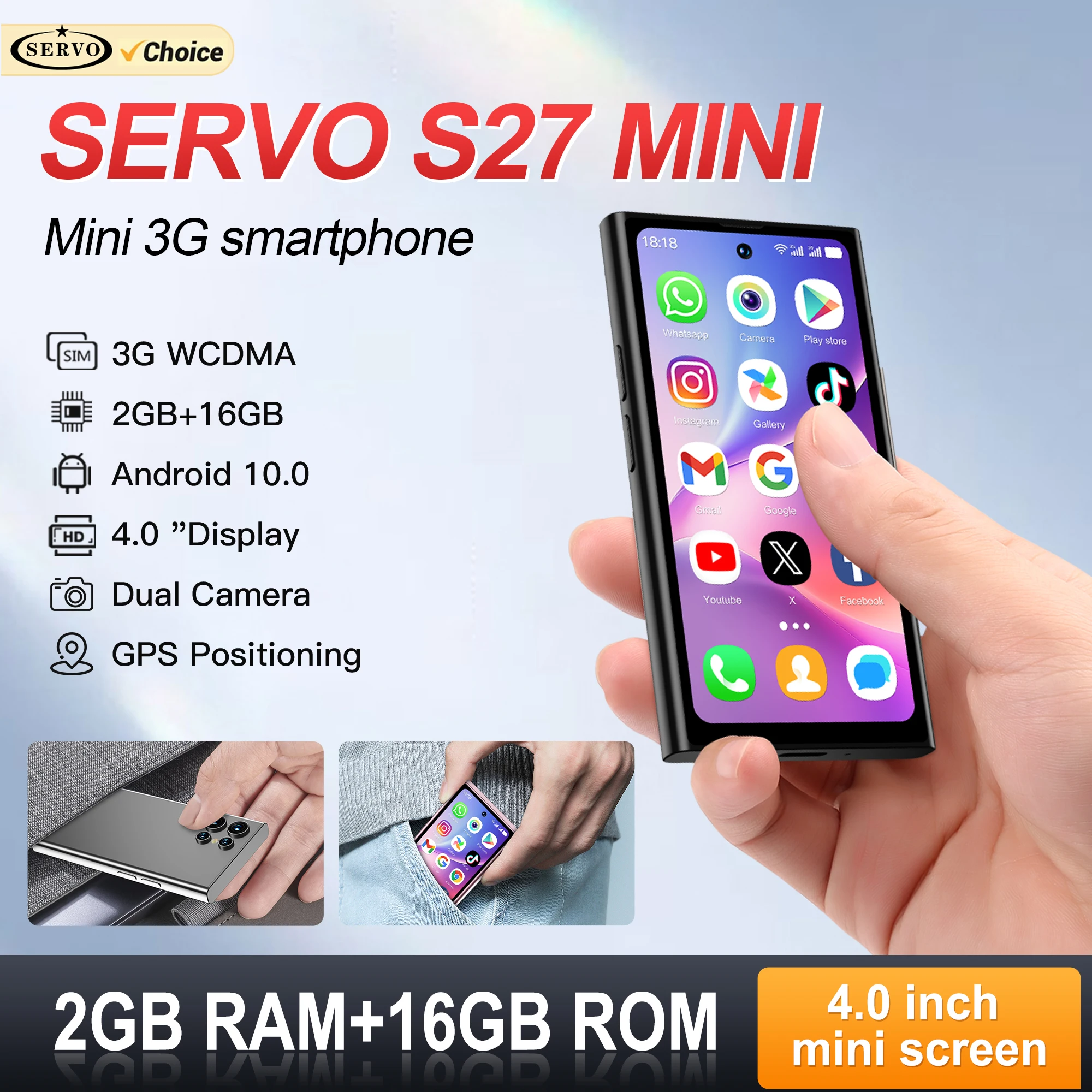 SERVO S27 MINI 3G Pocket Smart Phone Android 10.0 OS Play Store 2GB+16GB WiFi Hotspot Dual SIM 4.0" Display GPS Small Smartphone