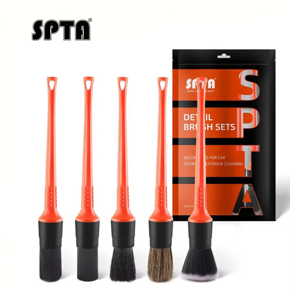 

SPTA 5pcs Car Detailing Brush Kit Auto Boar Hair Clean Set for Cleaning Air Vents, Engine Bays, Dashboard