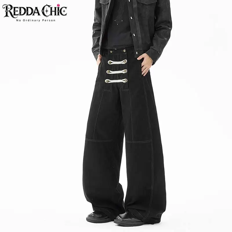 REDDACHiC Royal Men's Wide Leg Barrel Jeans Vintage Black Double Breasted Low Waist Loose Denim Cargo Pants Lounge Streetwear