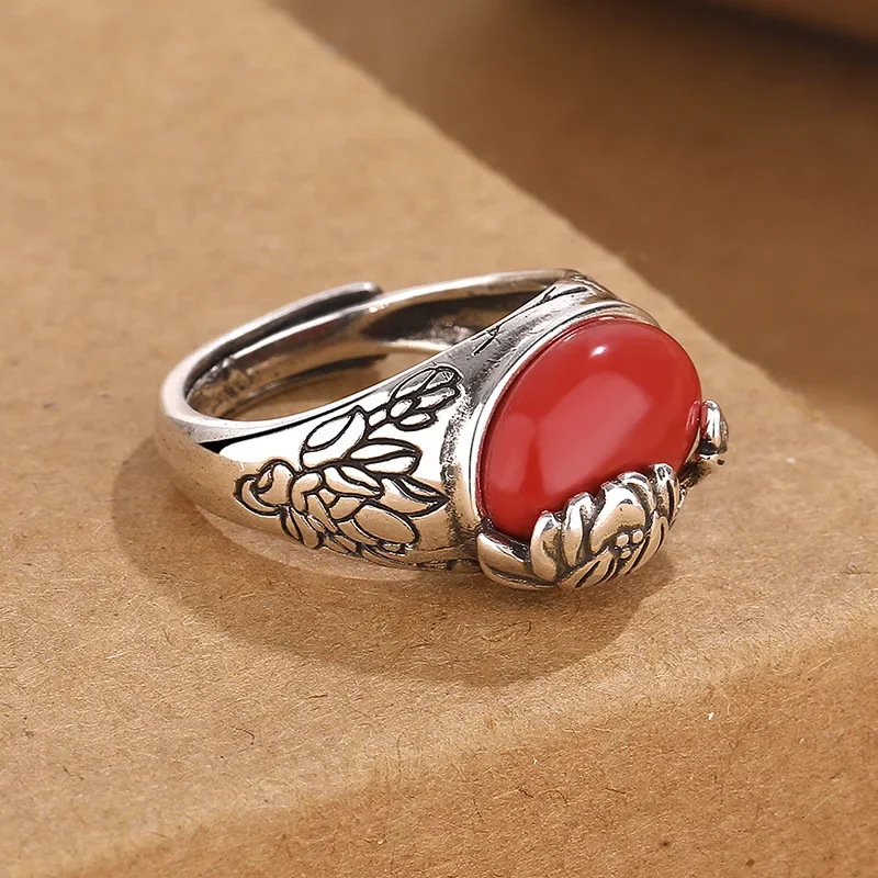 Buddhastone Retro South Red Lotus Ring Female Personality Opening Adjustable Ring Temperament All-match Fashion Jewelry