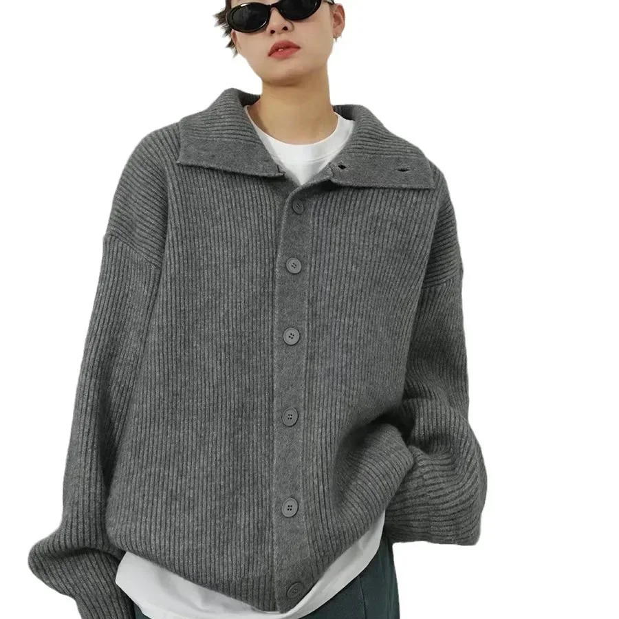 Y2k-cárdigan de punto gris para mujer, Chaqueta larga de ganchillo negro, suéter suelto de manga larga, suéter cálido, cárdigans casuales, Otoño e Invierno