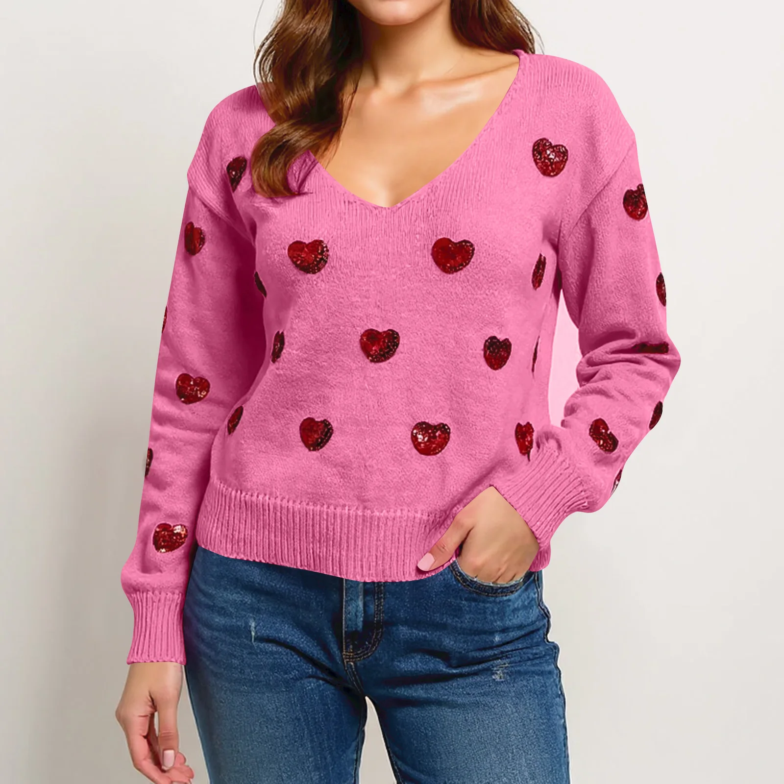 

Women'S Valentine'S Day Sequined Heart Embroidered V-Neck Pullover Sweater Pulls Femmes Ropa De Mujer Woman Clothes 2025