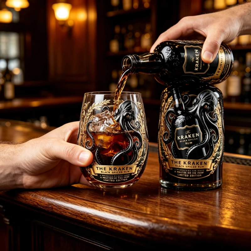 Vaso de Whisky con Estampado de Pulpo, Modelo Kraken Black Spiced Rum, Vaso Transparente sin Plomo para Cócteles