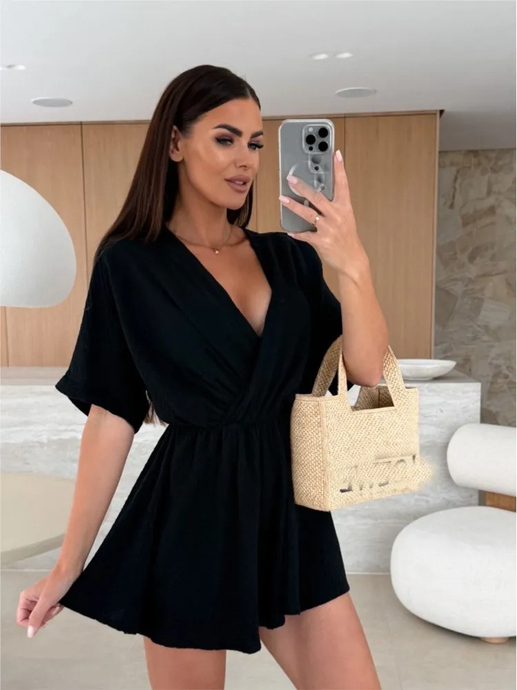 Summer Fashion New Jumpsuit V-neck Short Sleeve Solid Color Waist Loose Casual Women One-piece Shorts Suit Holiday Playsuit