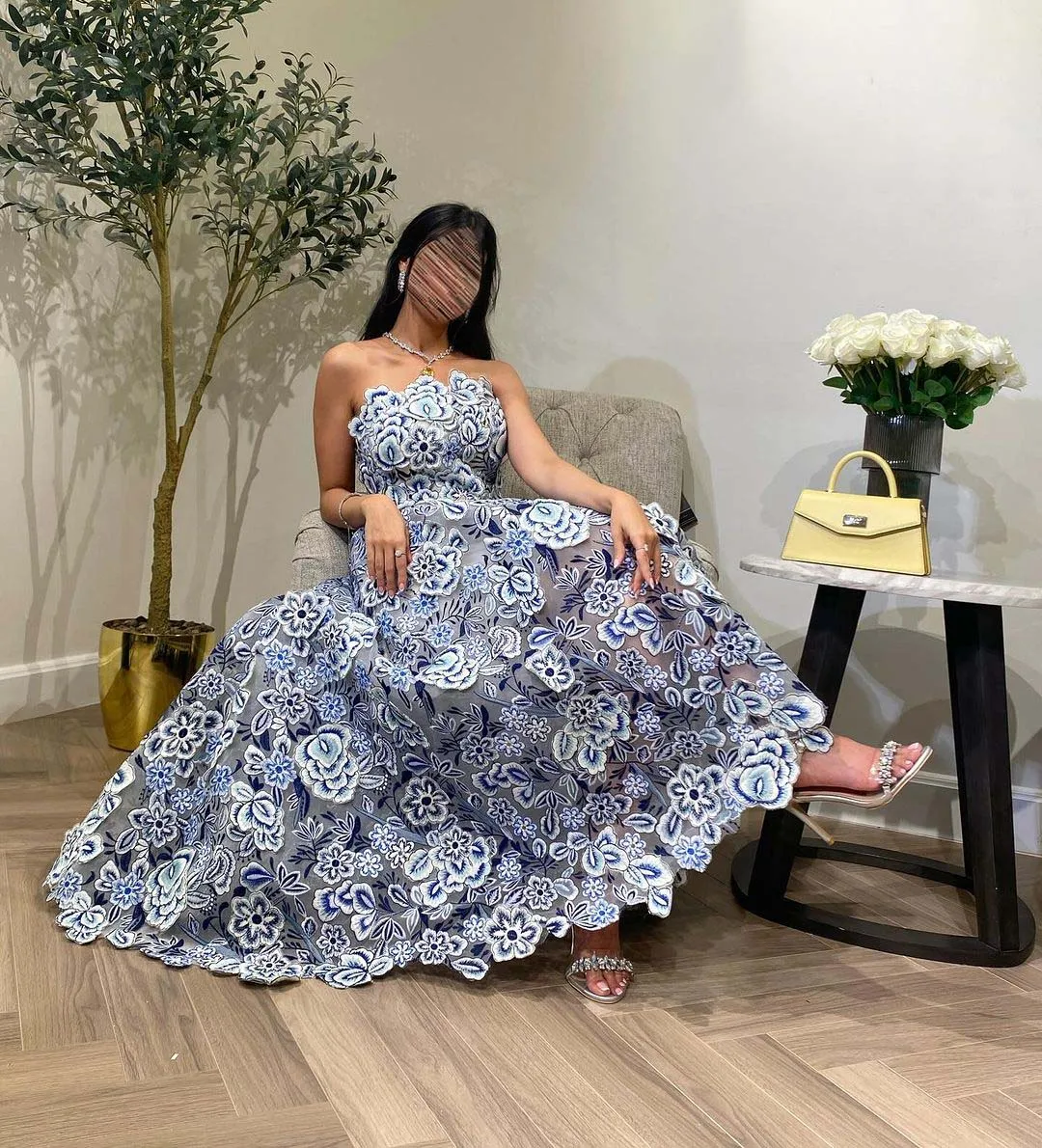 YSF Customized Prom Dress Arabian Design Strapless Lace Sleeveless A Line Lace Short Front Long Back Vestidos De Formature