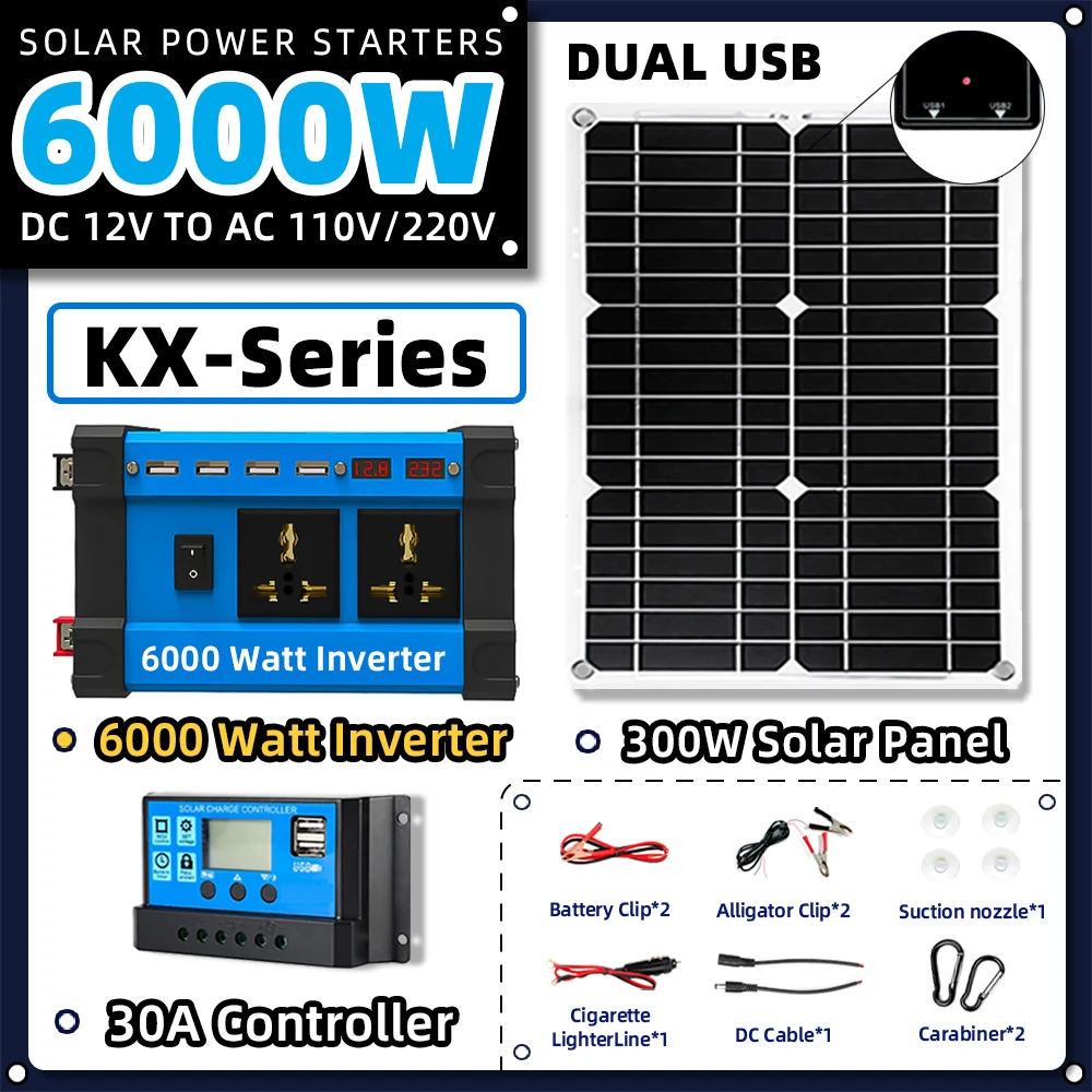 

Solar System Kit Combination 6000W Inverter 30A Controller 300W Solar Panel 12V to 220V/110V Smart Charge & Discharge Camping