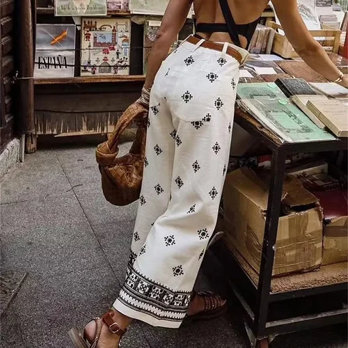 Imagen 2 del producto Pantalones ajustados de cintura alta para mujer, pantalones retro bordados de pierna recta, pierna ancha, temperamento, novedad de verano