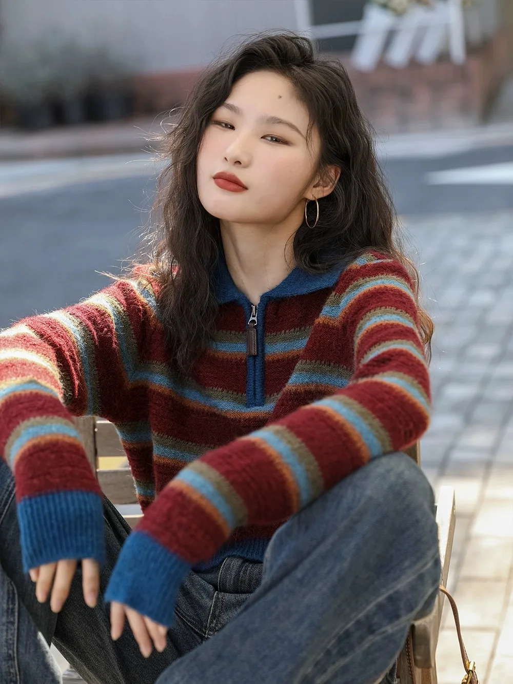 

Department of Beauty! Rainbow striped zipper half neck cashmere knitwear women's fall/winter loose sweater woolen base