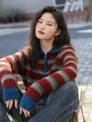 Department of Beauty! Rainbow striped zipper half neck cashmere knitwear women's fall/winter loose sweater woolen base