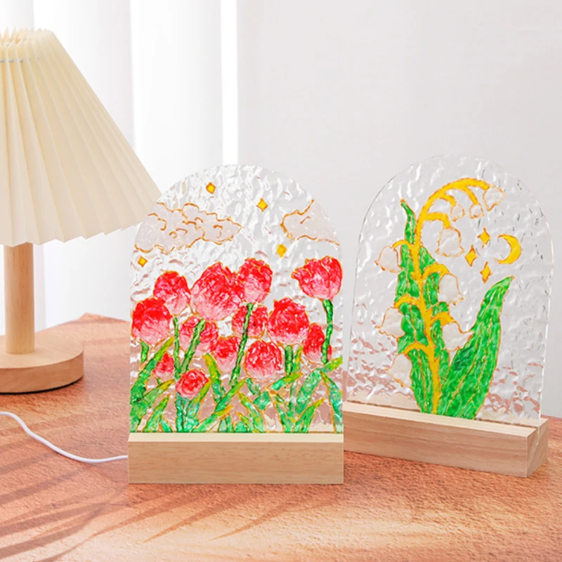 DIY Corrugated Board Tulip, LED Night Light, Atmosphere Glass Oil Painting Gift, Drawing Acrylic Board, Oil Painting Table Color