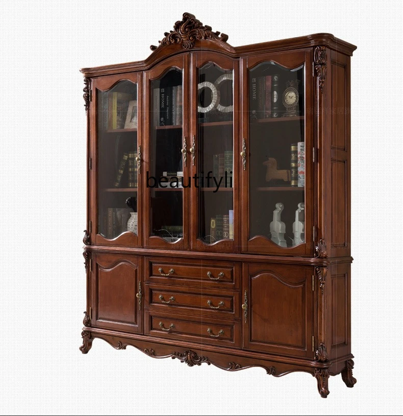 American style with glass door, oak display storage, retro bookcase collection, solid wood storage
