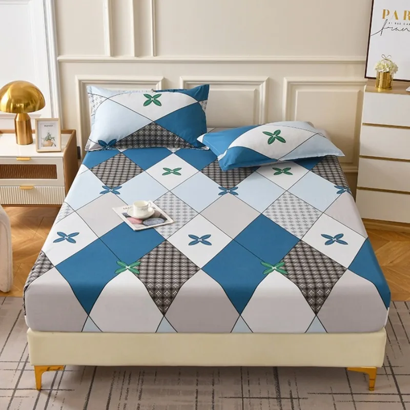 3PC Geometric Diamond Fitted Sheet Set, Blue Gray Argyle Printed Bedding Set with Pillowcases