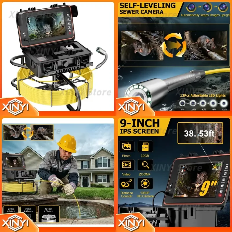 for Screen Distance Counter 7mm Cable 512Hz 1080P Self-Leveling Video Plumbing Pipeline Drain Pipe Inspection Camera