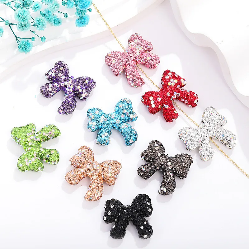 20PCS Sparkling Soft Ceramic Full Diamond Bow Straight Hole Beads DIY Necklace Hanging Bead Bracelet Phone Keychain Accessories