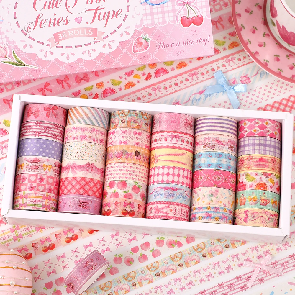 36 Rolls Pink Washi Tape Set Cute Butterfly Gingham Cherry Dessert Pattern Decorative Masking Tapes For Scrapbooking Journaling