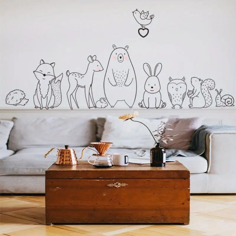 1Pc Nordic Cartoon Animal Wall Sticker Shy Bear Fox Room Decor Decals Adhesive Wallpaper