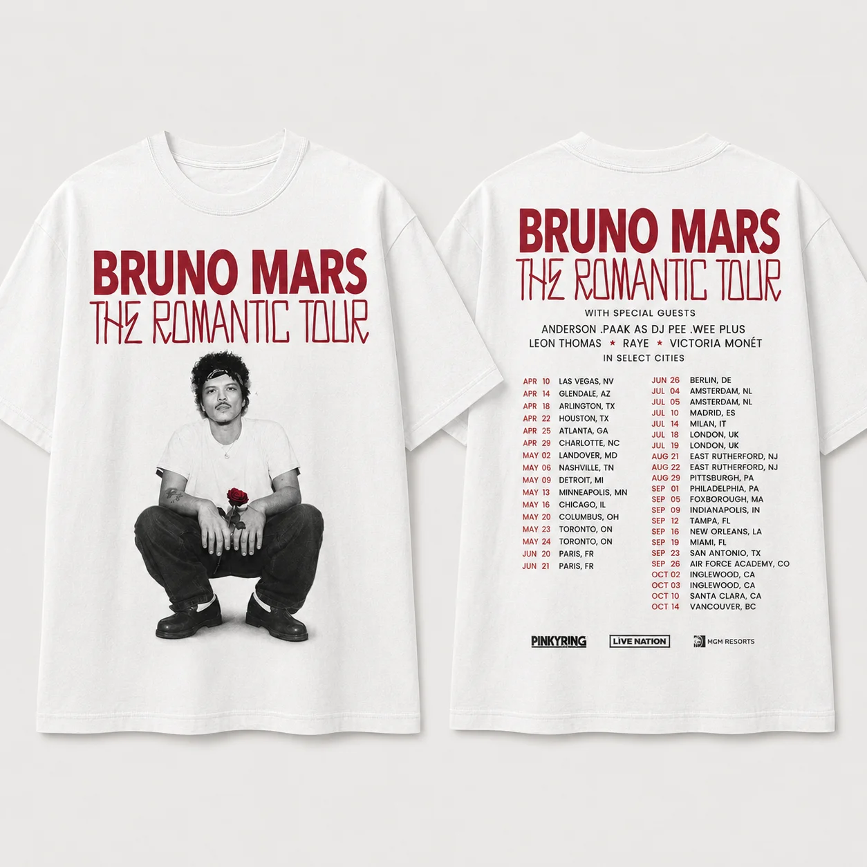Bruno Mars The Romantic Tour T-Shirt Concert Merch Double Sided Graphic Tee Short Sleeve Casual Fan Top