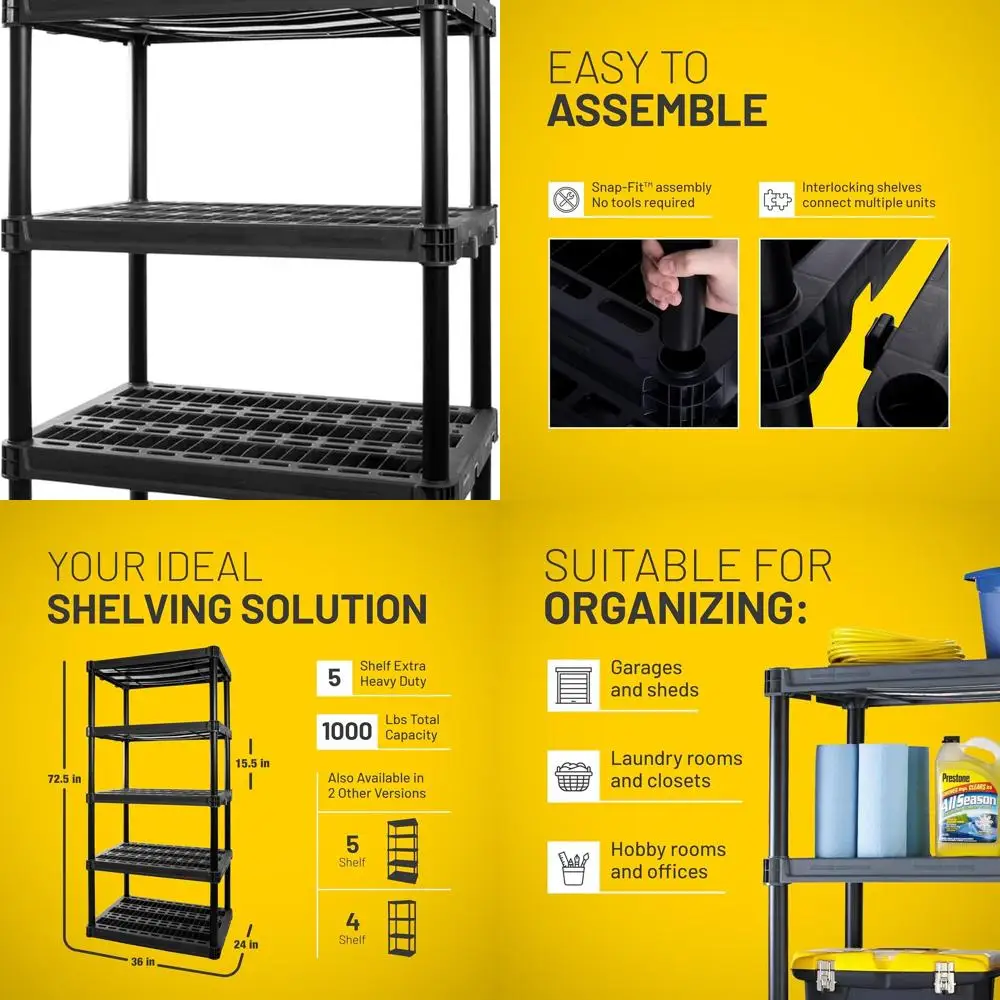 

Sturdy 72.5x36 5-Tier Plastic Storage Rack, 1000lb Load, Ideal for Pantry, Office, Closet, Garage