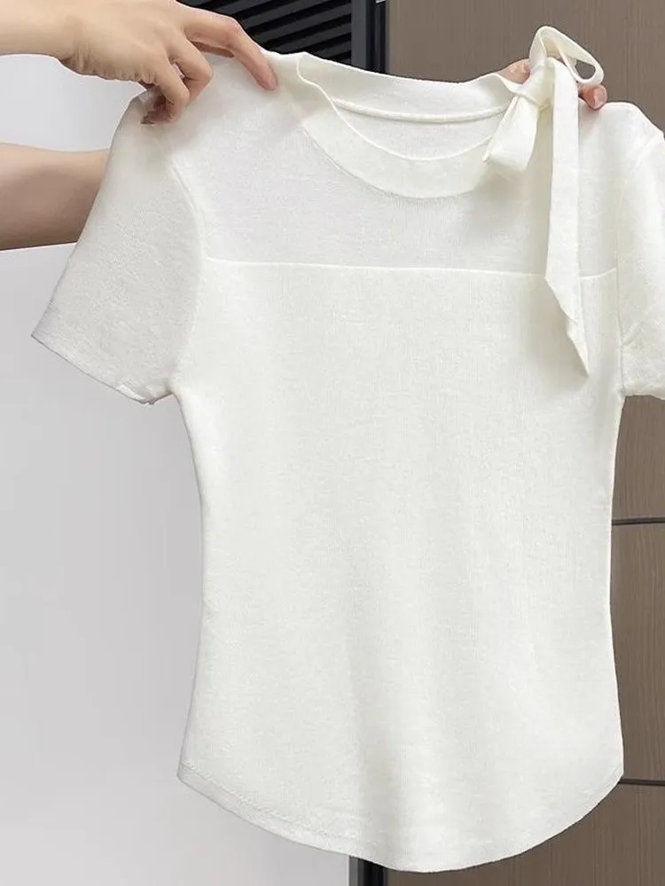 Women's ort Sve T-irt  Knot Slimming Me Thin Fake Two-Piece Top ort Faionable irt Gentle Wind