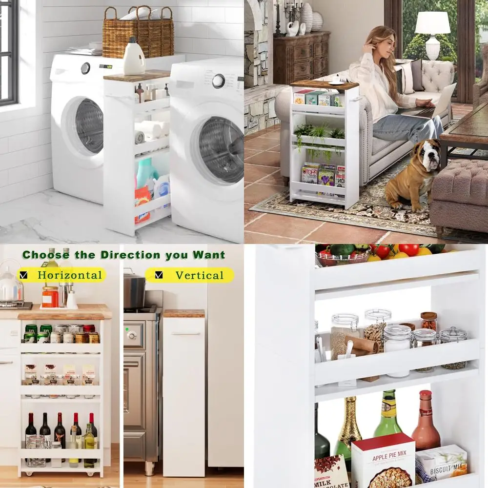 

4-уровневая тонкая тележка на колесиках с ручкой, мобильный органайзер для хранения небольших помещений: кухня, прачечная и многое другое