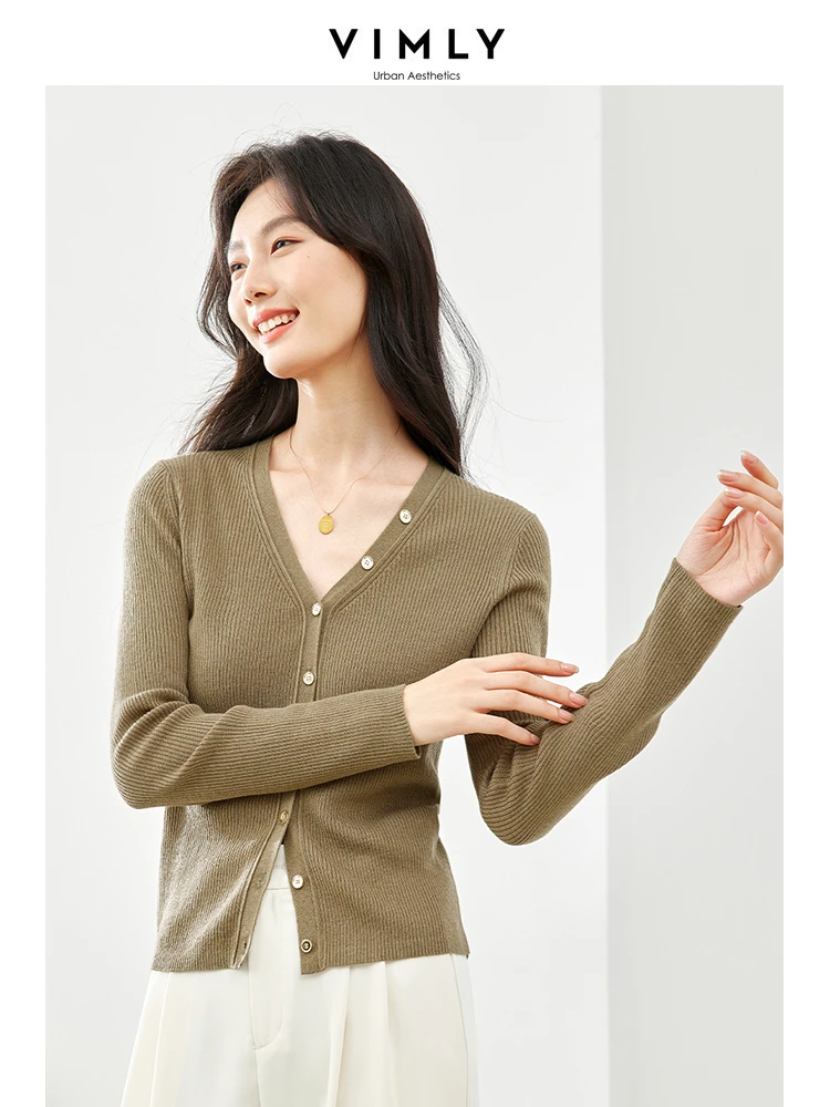 

Vimly French Style V-neck Knitted Cardigans 2024 Spring New Soft Female Knitwear Slim Long Sleeve Top Women's Clothing 72799