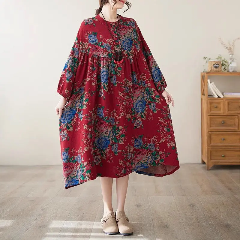 Vestido Retro de algodón y lino con flores grandes del noreste, vestido largo medio holgado de cintura alta para mujer, novedad de verano 2025, A423