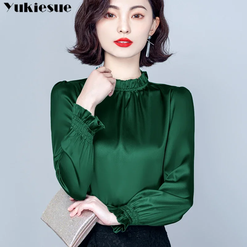 

Модные женские blusas mujer elegantes 2021, летние имитирующие шелк, женская рубашка с длинными рукавами, топ, блузки и рубашки, женские топы