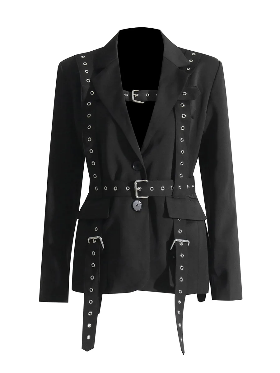 Frauen Einfarbig Temperament Anzug Jacke 2025, Herbst Kerb Einreiher Gürtel Schlank Biker Motor Stil Casual Blazer