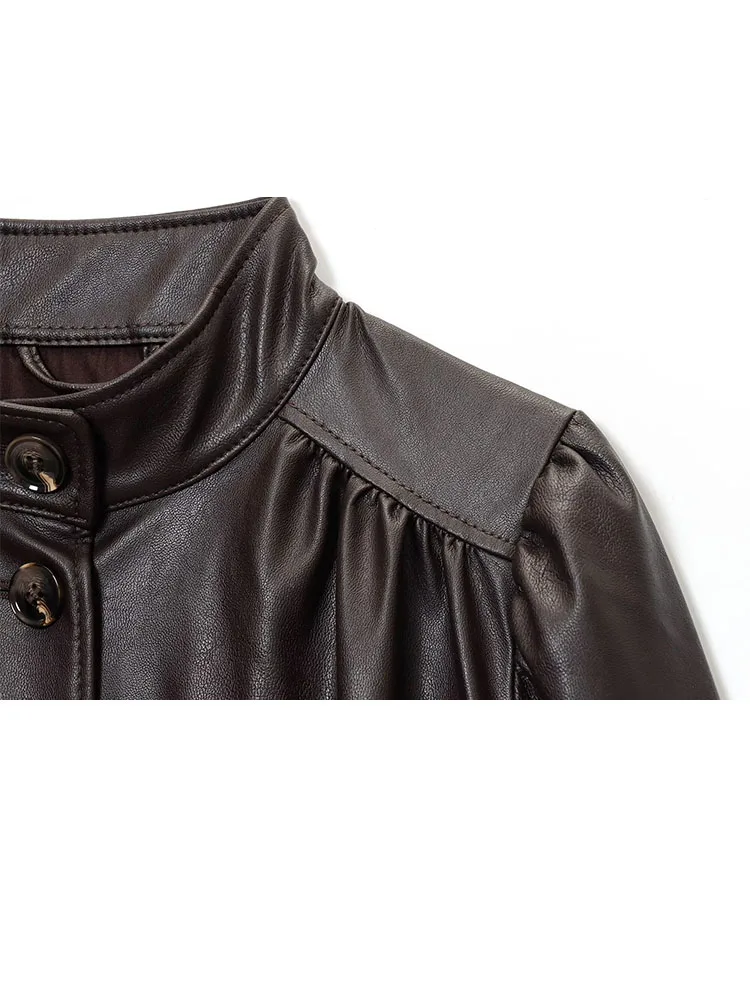 Hh mulher moda inverno estilo rua mangas compridas gola único breasted bolso decoração casaco feminino jaqueta de couro falso