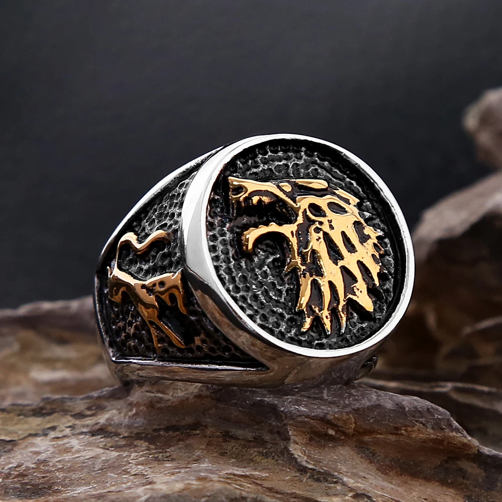 Fashion Vintage Nordic Viking Wolf Ring For Men Stainless Steel Ice Wolf House Stark Winterfell Animal Rings Punk Jewelry Gifts