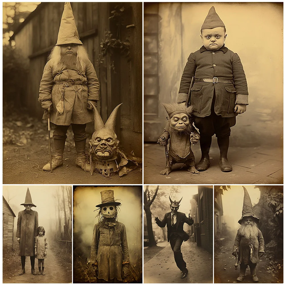 Elfos enanos de pueblo, demonios bailando, espantapájaros de miedo, brujas de adivinación, foto Vintage, impresión artística de pared, foto pagana, decoración de Póster Artístico