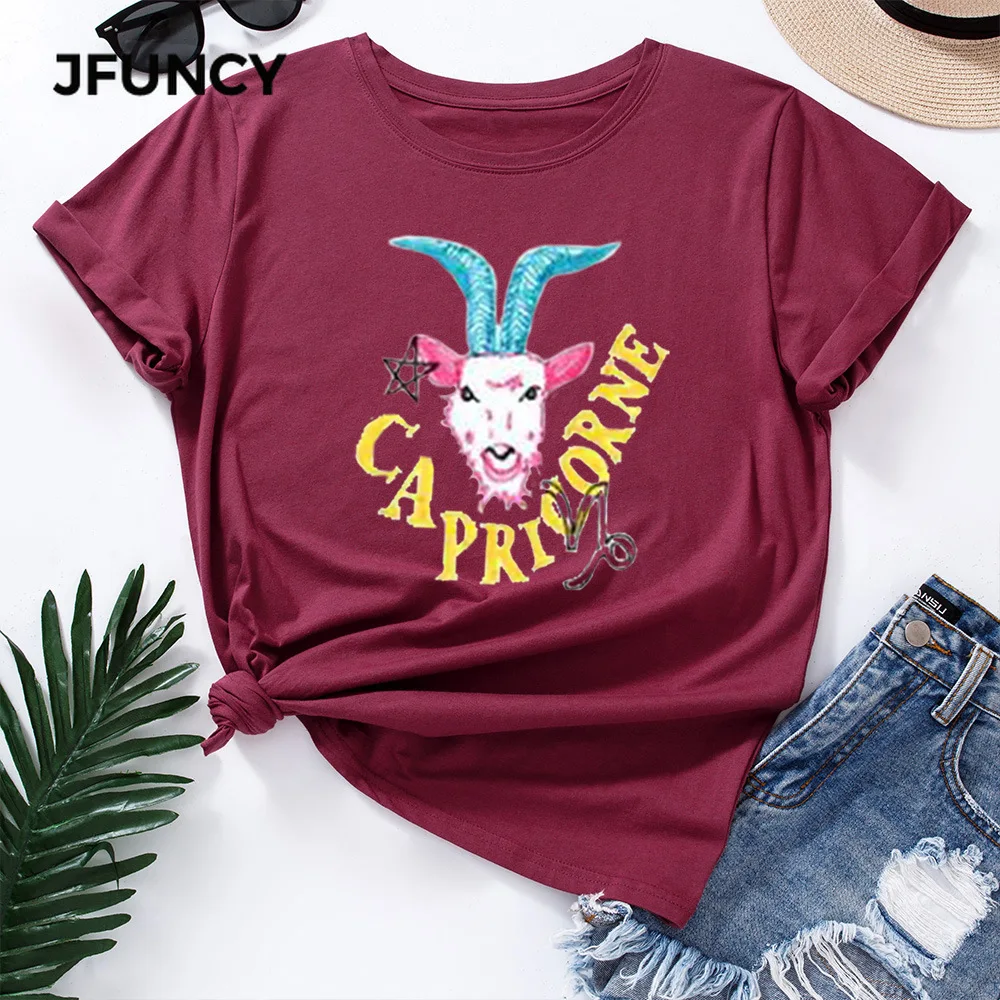 

JFUNCY Cotton T-Shirt Women T Shirt Capricorn Print Short Sleeve Woman Shirts Casual Summer Graphic Tees Female