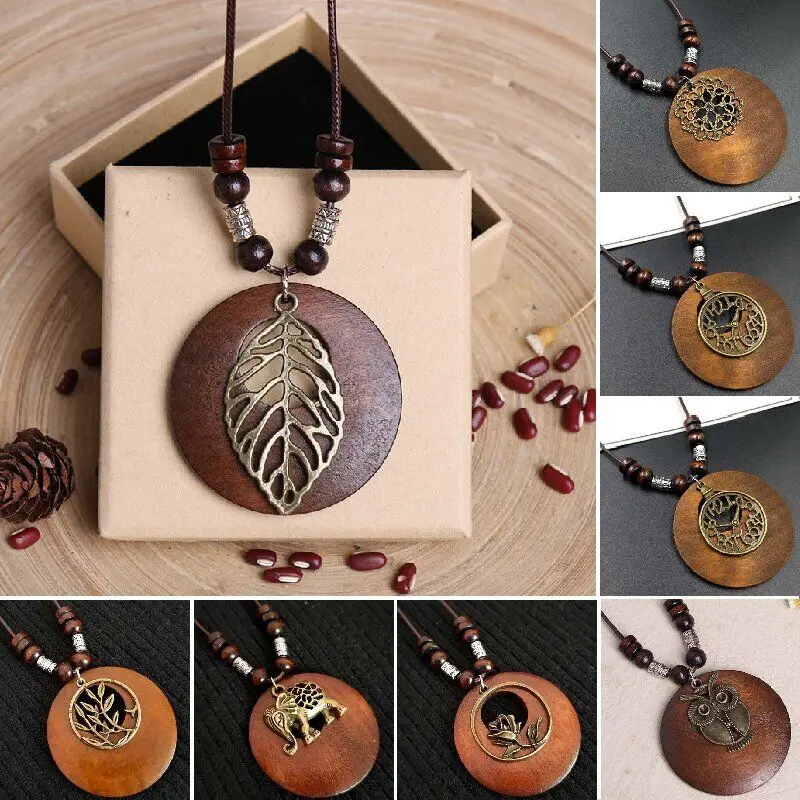 Retro Boho Ethnic Long Pendant Sweater Necklace Wood Beads Women Jewelry Gift