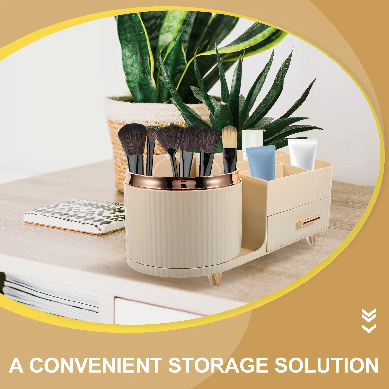 

Makeup Brush Holder with Drawer Rotating Stand Large Capacity Desktop Organizer for Vanity Counter Storage Display Case