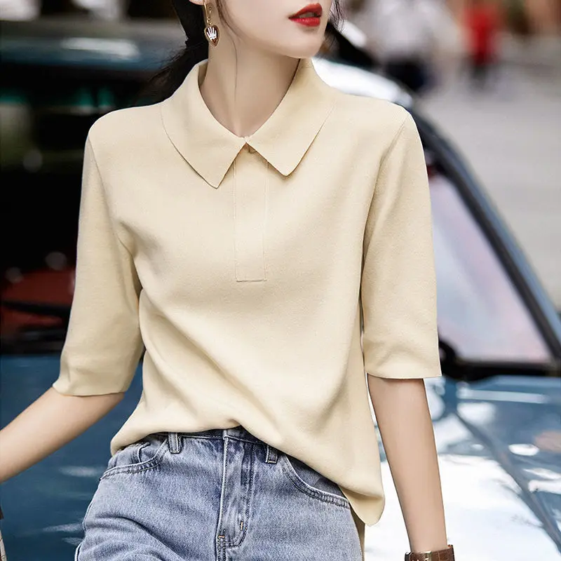 

Elegant Fashion Harajuku Slim Fit Female Clothes Loose Casual All Match Tees Solid POLO Collar Patchwork Short Sleeve T-shirts