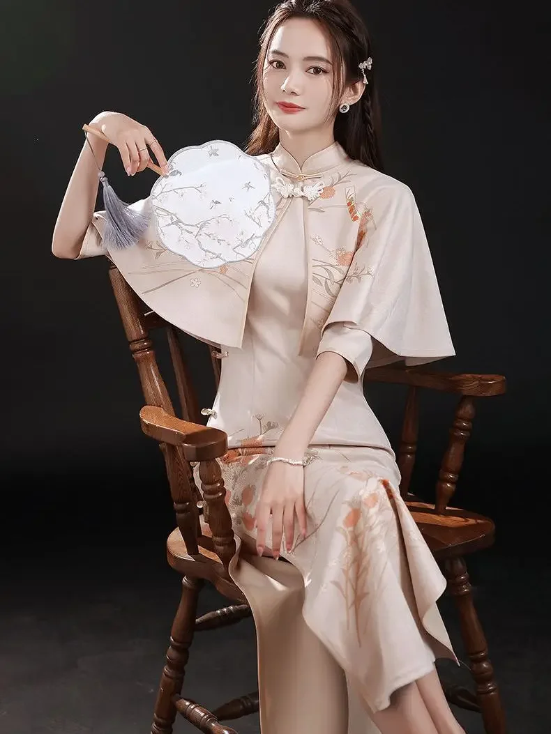 Elegant Slim Qipao +Shawl Two-piece Chinese Dress Women Hanfu Traditional Robe Orientale Female Vestido Chino Autumn Cheongsams