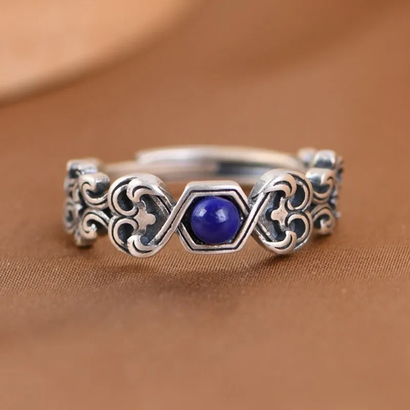 BOCAI Real S925 Silver Jewelry Accessory Retro Ruyi Rattan Grass Pattern literary and fashionable lapis lazuli women's ring