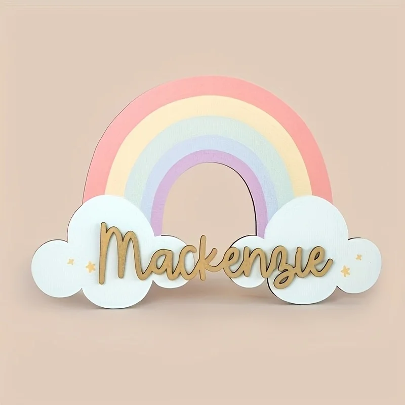 Personalized Rainbow Cloud Wooden Name Sign Custom Baby Name Plaque Nursery Wall Decor Kids Bedroom Door Sign Newborn Gift