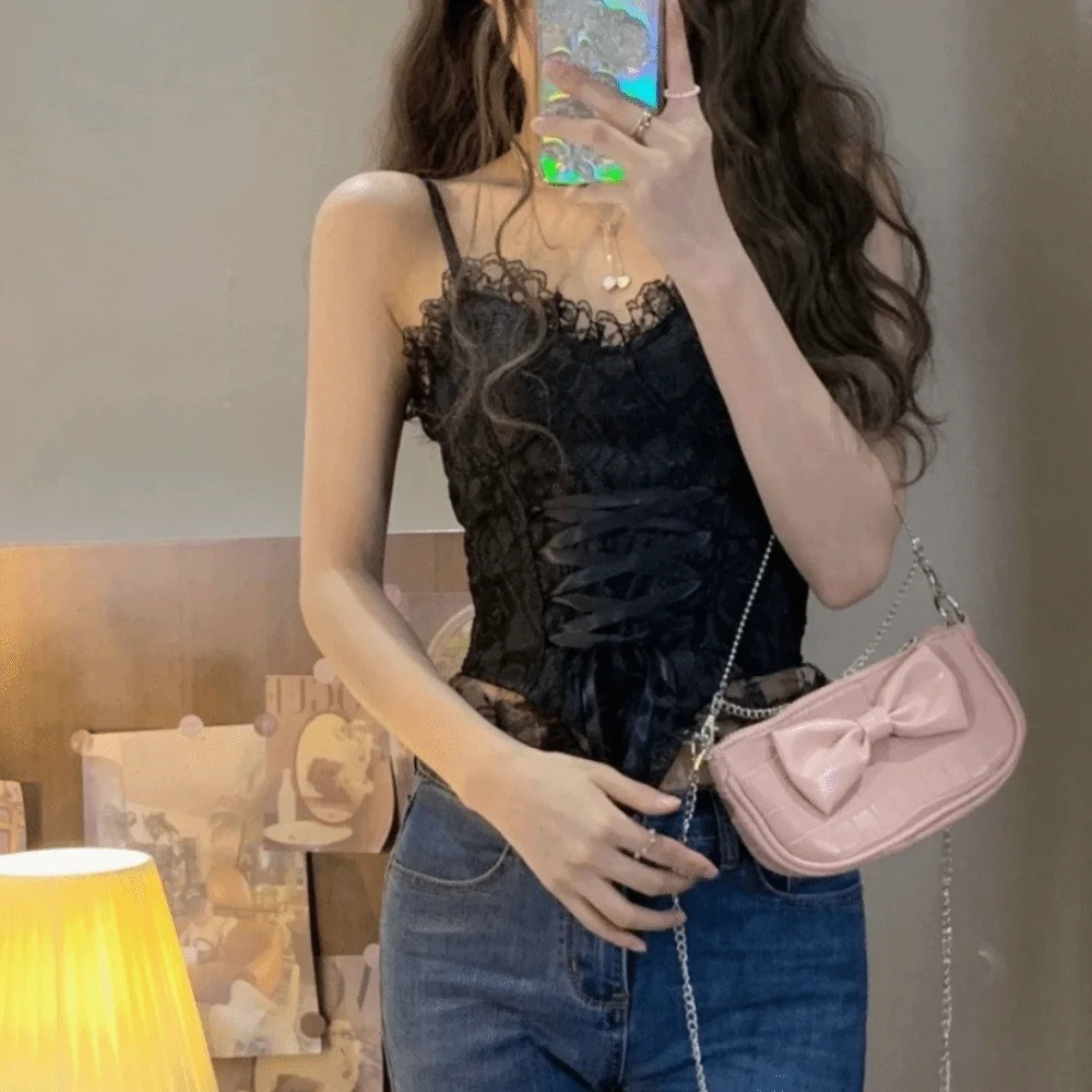 Sweet Slim Fit Corset Crop Top Back Beauty Ruffle Lace-up Vest Patchwork Sleeveless Lace Camisole Party