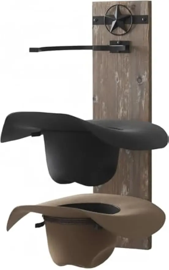 

Western Wall Hat Rack for Cowboy Hats - Rustic Wood & Metal Storage Hanger, Protects Hat Shape