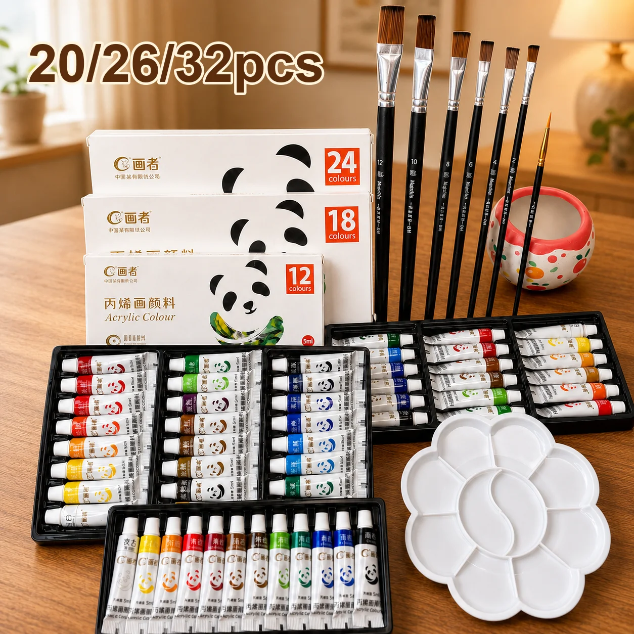20/26/32pcs Acrylic Paint Set,12/18/24 Colors 5ml/0.18oz Paint Tubes with 7 Brush,Palette for Canvas,Stone,Wood,Model