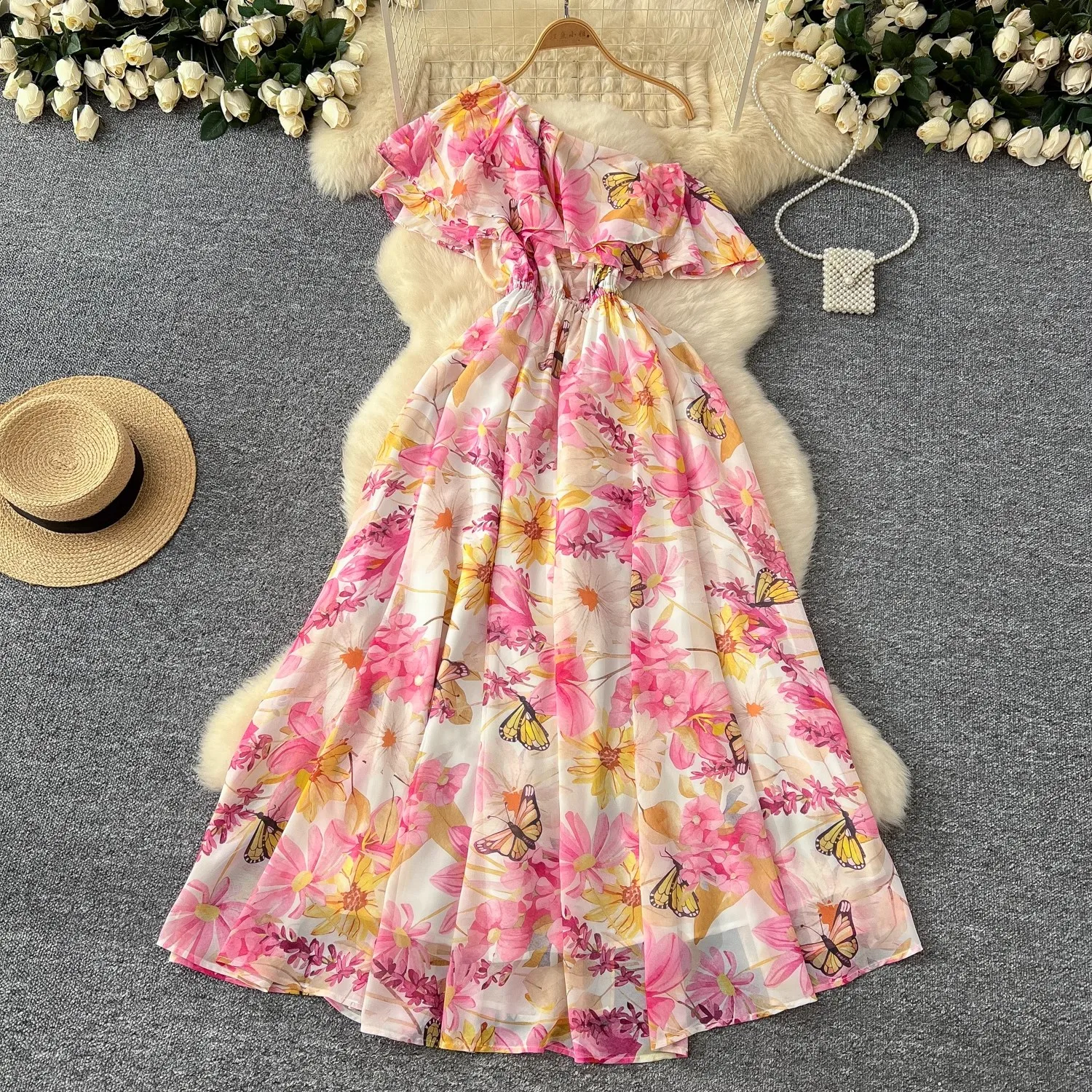 2025 Bohemian Summer Holiday Flower Chiffon Long Dress Women's Ruffles One Shoulder Floral Print Belt Lace Up Beach Maxi Vestido