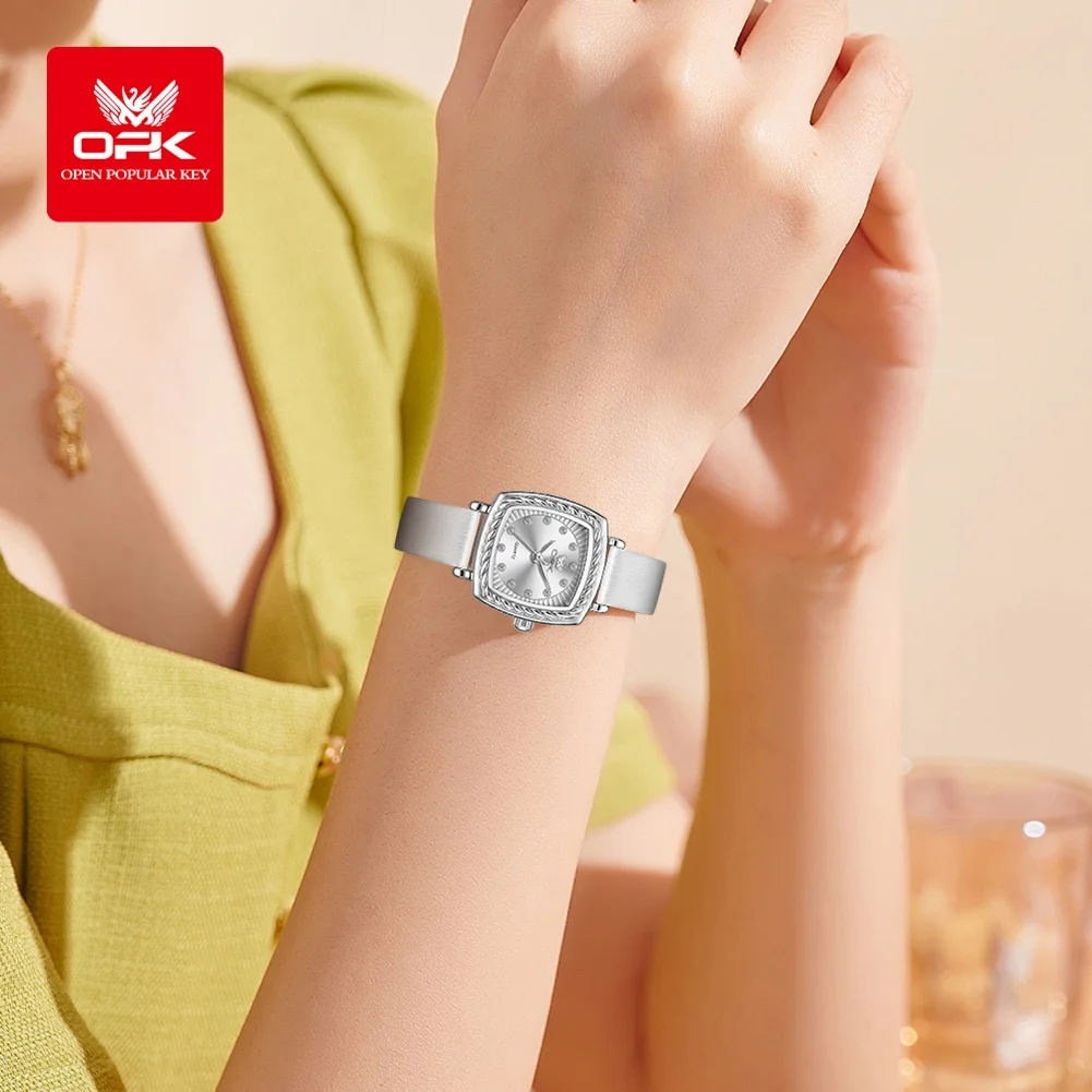 OPK 6061 ساعة كوارتز أنيقة للسيدات بحزام جلدي ومقياس ألماس مقاومة للماء للسيدات