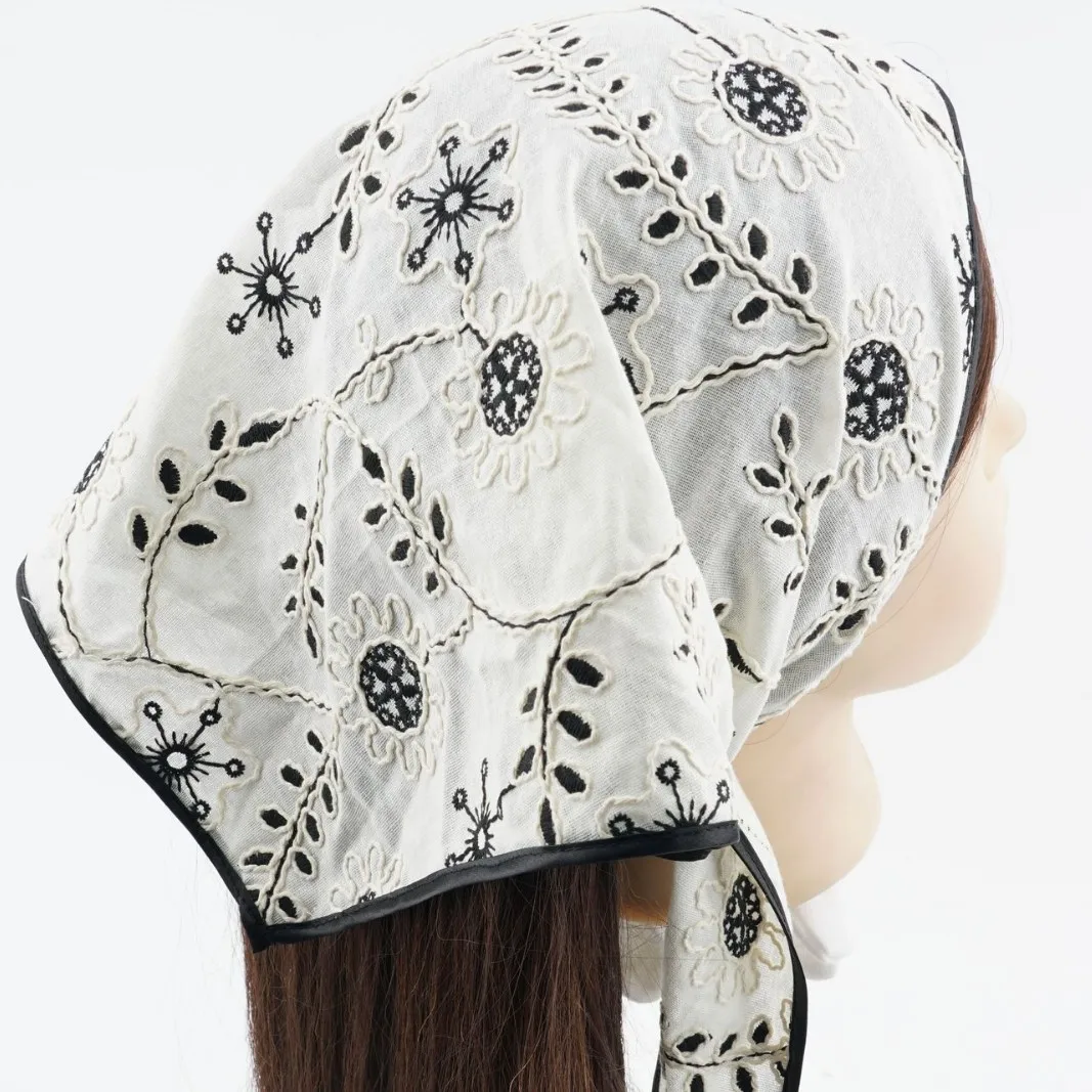 

Embroidered small floral headscarf, triangular scarf, versatile neck protector, thin scarf with silk flowers