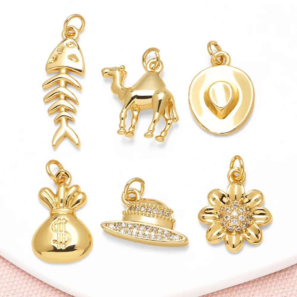 OCESRIO White Crystal Hat Flower Charms for Bracelet Copper Gold Plated Polish Camel Fish Bone Cowboy Hat Purse Charm chma442