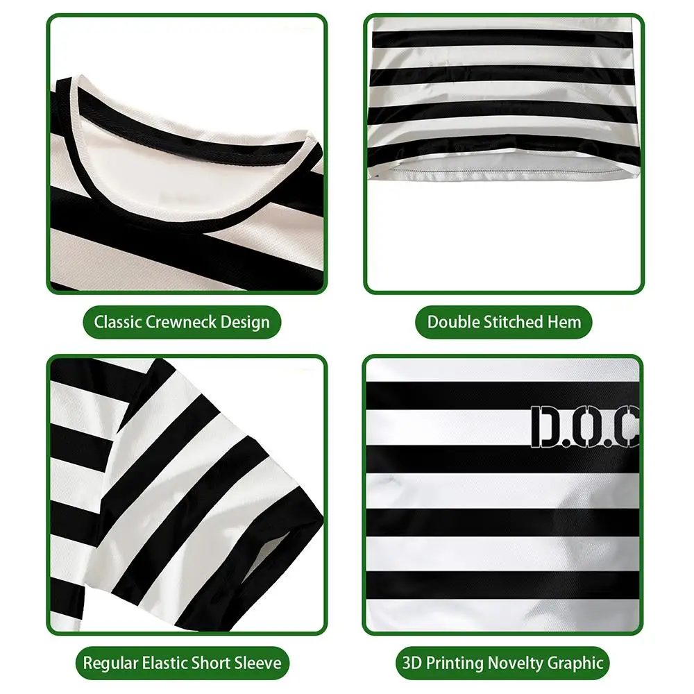 Abstract Prison Uniform Style Striped Print T-shirt Funny Role-playing Short-sleeved Top Unisex Humorous Personalized Streetwear