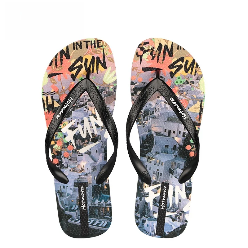 Hoarzz Men's New Black Sandals Anti-Slip Outdoor Summer Beach Swimming Slippers Trendy Casual Flat Heel PVC Material