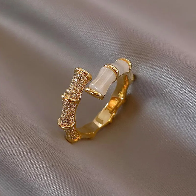 

Micro Paved Zircon Cat's Eye Stone Step-by-Step Bamboo Knot Ring for Women Fashionable Personality Zircon Open Ring Korean Style